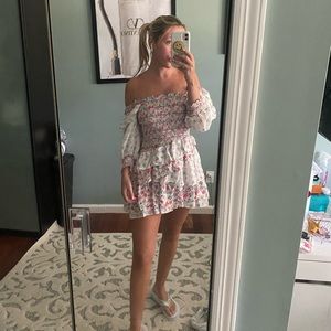 Mixed Floral Print Party Dress with Puffed Sleeves and smocked Square Neck
